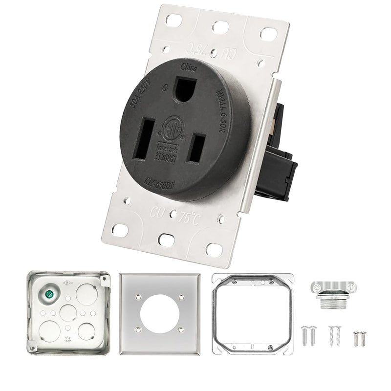 PLUGTUL 50 Amp Receptacle Outlet with Square Cover Plate, NEMA 6-50R, 250V Outlet, Flush Mounting, Straight Blade, Industrial Grade, 30 Amp, ETL Listed - Image 1